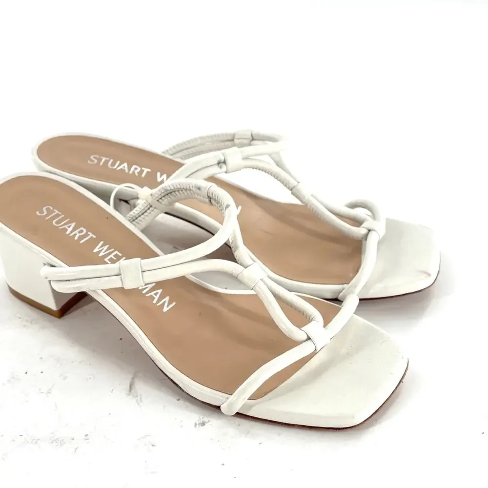 Stuart Weitzman Leather T Strap Heels 8 White Sandals Bridal Wedding Grad